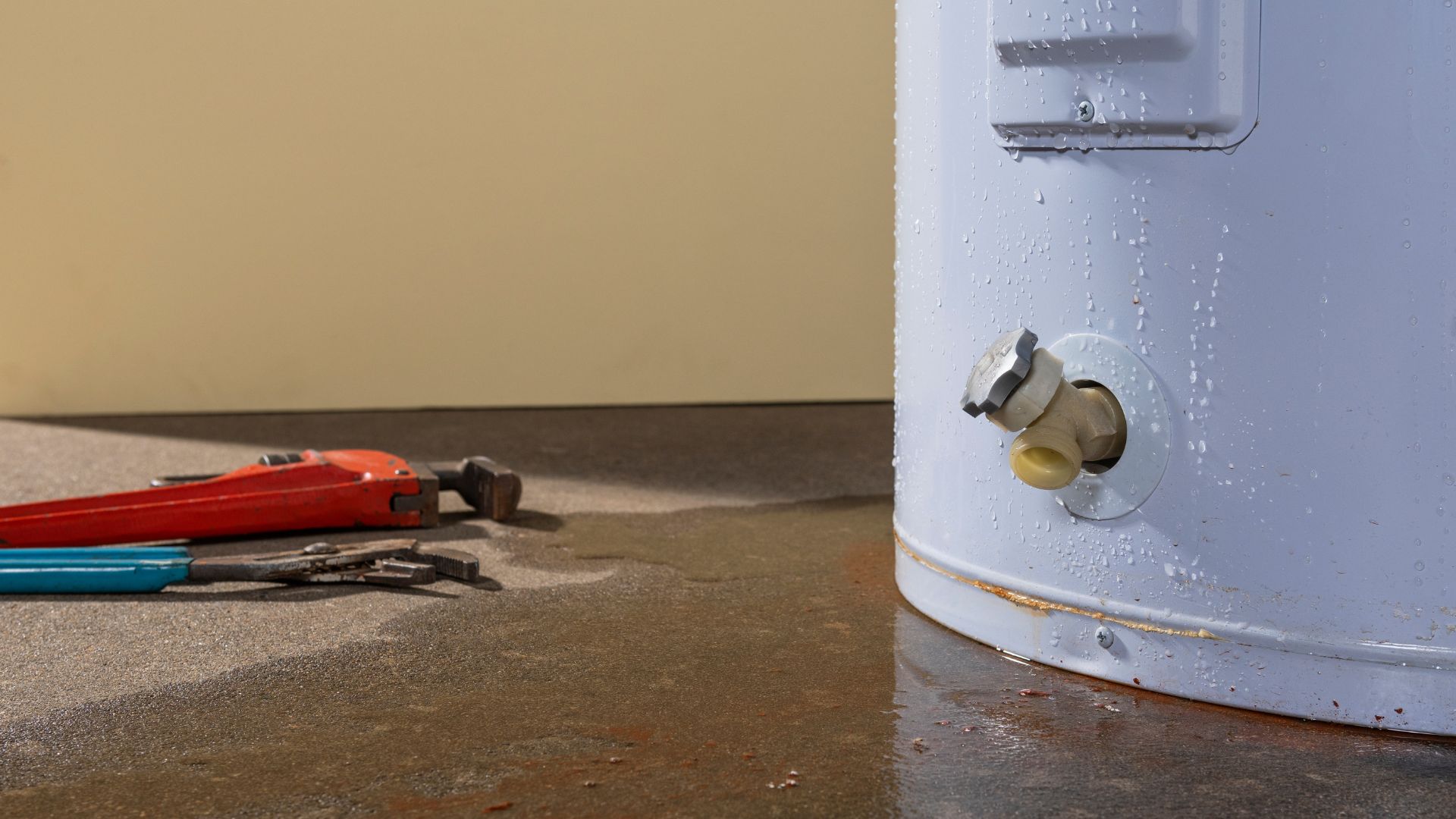 A wrench and a screwdriver on the ground next to a water tank